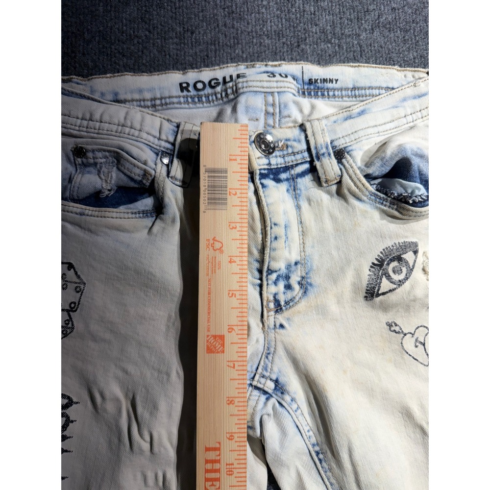 Rogue Mens‎ 30W Skinny Jeans Light Acid Wash Tattoo Graphic Distressed Punk Rock - Picture 6 of 8